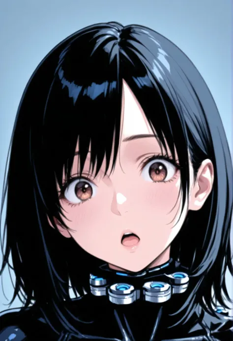 sit on the bed、 angle from the front、is surprised、Black Hair Medium Hair、、large breasts、 Gantz suit、High Definition、8k 8K resolution beautiful beautiful best quality top quality detailed detailed exquisite superb extremely detailed extremely detailed detai...
