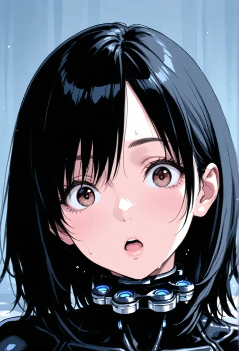 sit on the bed、 angle from the front、is surprised、Black Hair Medium Hair、、large breasts、 Gantz suit、High Definition、8k 8K resolution beautiful beautiful best quality top quality detailed detailed exquisite superb extremely detailed extremely detailed detai...