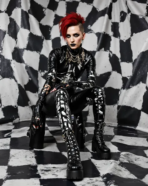 In an environment like a checkerboard A surreal work that represents a sinister Marilyn Manson, Nordic fashion model sitting.  The beautiful punk gothic metal woman wears black leather clothes and spikes with brutal platform boots that combine a minimalist...