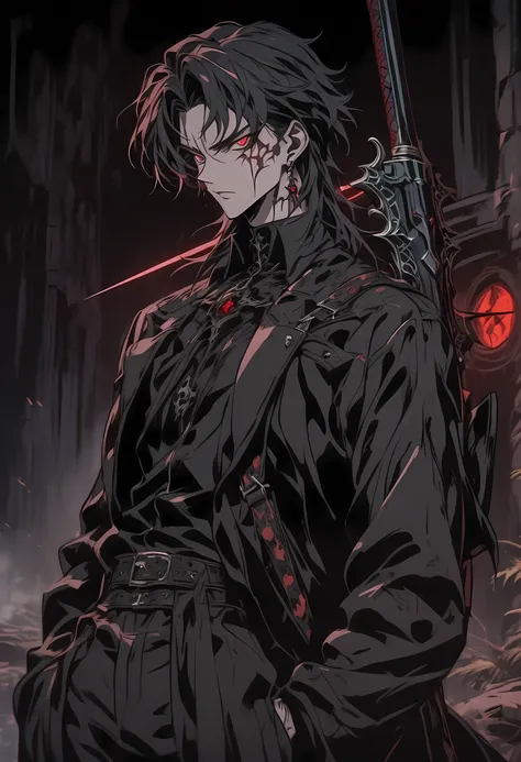 a man with red eyes, dressed in a black jacket. He possesses a sword strapped to his back . The style is reminiscent of anime and manga, showcasing elements of gothic and fictional character design.