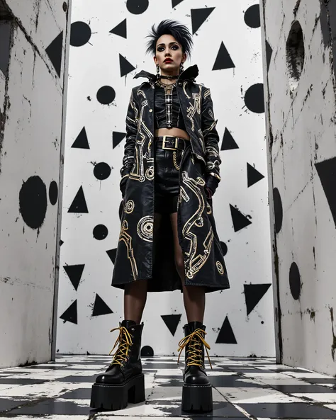 In an environment like a checkerboard A surreal work that represents a sinister Marilyn Manson, Beautiful 20-year-old Nordic fashion model.  The punk gothic metal woman wears black leather clothes and spikes with brutal platform boots that combine a minima...