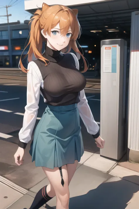 brown hair，twin-tail haired woman laughing at the seaside，don't get drenched in heavy rain，my nipples are sharp、 areolas can be seen through ，My whole body is wet from heavy rain，Black wool sweater without sleeves，Hide your chest with a costume，High socks ...