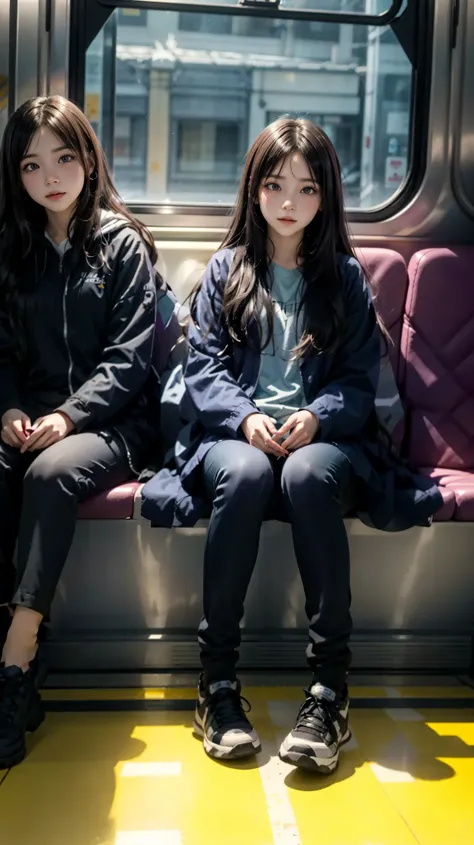 duas garotas,Hinata e Aoi,(Hinata,cabelo preto,cauda-de-cavalo,moda ativa),(Aoi,cabelo castanho,corte bob,moda feminina),Sitting and sleeping on a train seat,lado a lado, ombro a ombro,inclinando-se,yama no susume,4k,8k,high resolution,alta qualidade,melho...