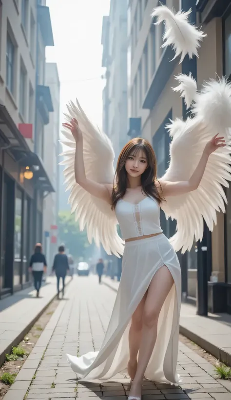 Super Detailed, absolute resolution, masterpiece, , when a beautiful goddess flaps her wings, countless fluffy feathers fall from the sky、She transforms into an angel, a fairytale-like fantasy wonderland worldview, Mr.々iridescent misty glitter effects, ver...