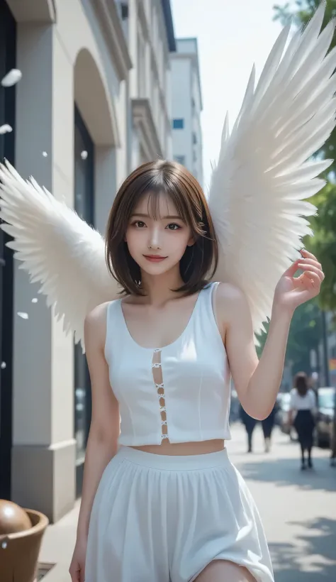 Super Detailed, absolute resolution, masterpiece, , when a beautiful goddess flaps her wings, countless fluffy feathers fall from the sky、She transforms into an angel, a fairytale-like fantasy wonderland worldview, Mr.々iridescent misty glitter effects, ver...