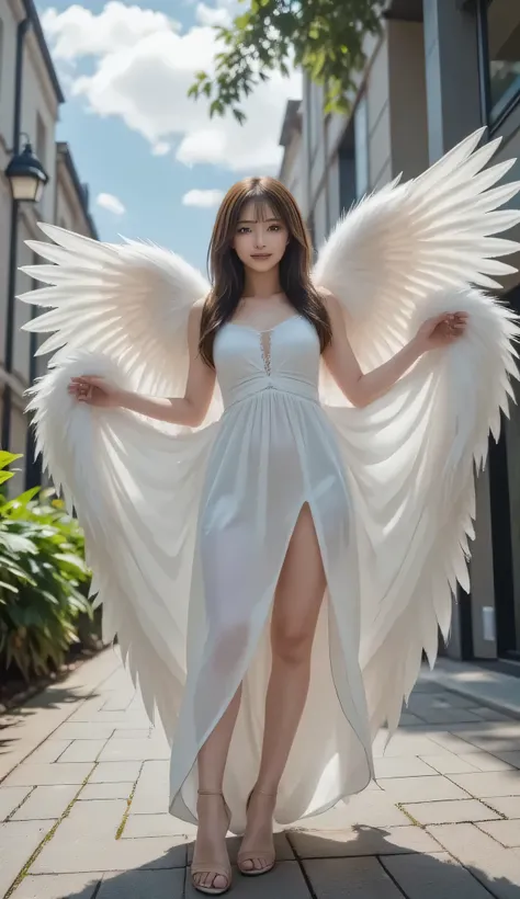 Super Detailed, absolute resolution, masterpiece, , when a beautiful goddess flaps her wings, countless fluffy feathers fall from the sky、She transforms into an angel, a fairytale-like fantasy wonderland worldview, Mr.々iridescent misty glitter effects, ver...