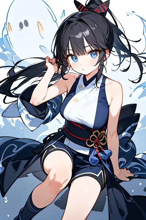 NINJA WIND，Beautiful girl，（cool x ponytail），Mysterious Atmosphere， natural body，Hand guard，（（Sleeveless x navy blue kimono＋Long hem x shorts，Knee-length x knee-high socks，）） socks，Detailed Clothes，（Slender Body，marshmallow breasts ，），BEAUTIFUL BLACK HAIR，B...