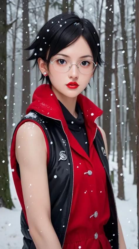 1girl, solo,sarada uchiha,black eyes,black hair,short hair,outdoors,potrait,snowfall,small breast,wearing glasses,forest,winter backround,sleeveless tactical vest,standing,(red lipstick:1.4) 