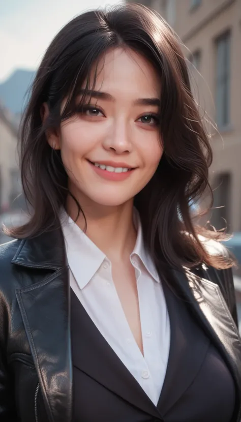 beautiful woman with large breasts, shoulder length black hair, smug expression, looking at viewer, wearing a white formal shirt with black leather jacket on top, photorealistic, half body portrait