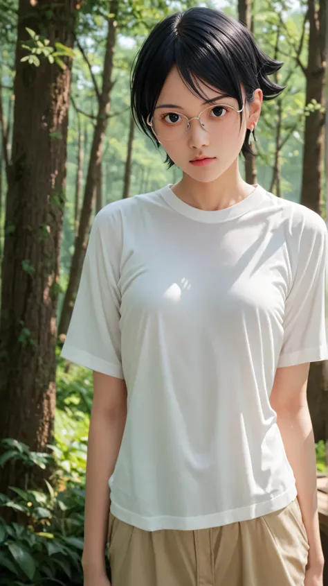 1girl, solo,sarada uchiha,black eyes,black hair,short hair,outdoors,potrait,small breast,wearing glasses,forest,summer backround,(wear white skeeveless shirt:1.5),standing