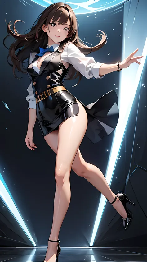 最high quality、masterpiece、high sensitivity、high resolution、a full body portrait, highlight, Single Beautiful Woman Wearing a Business Suit, Brightly colored vests, after the white blouse, dark blue pencil miniskirt, shiny pantyhose, sexy black patent leath...