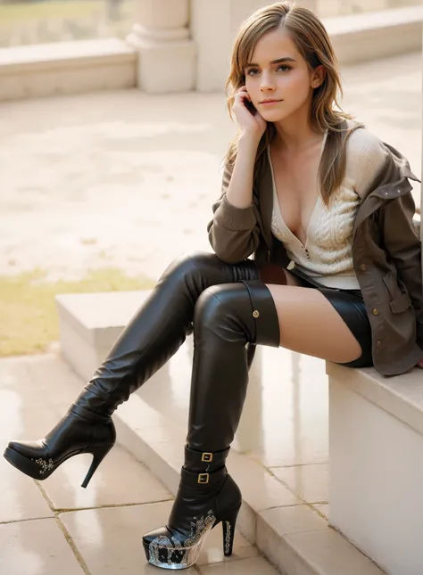 ((inspired by Emma Watson :1.2)),(masterpiece, best quality),beautiful, beautiful-woman, ((detailed face)).(full body:1.3).,

. 
open jacket,open-chest sweater,pencil skirt,black Thigh length boots with high heels.,