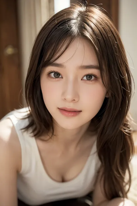 a woman leaning forward, looking down at the viewer, seen from below, POV from someone lying on their back, close-up of face and upper body, looking down with a smile, wearing nothing, undressing, exposed skin, medium length hair with slightly curled, oran...
