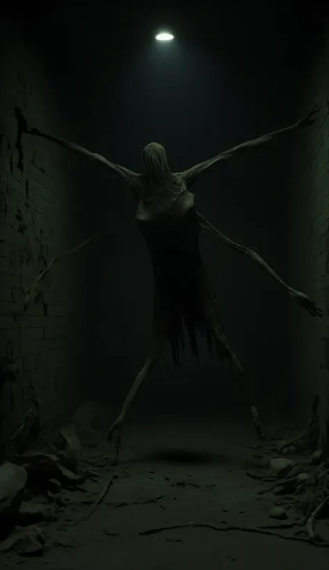 A dark hallway with a single flickering light, as a shadowy figure appears at the end, its body levitating slightly, its arms outstretched toward the viewer.