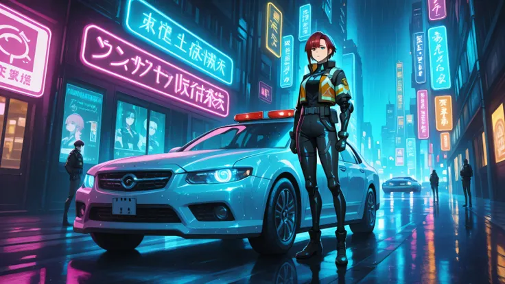 "Anime-style illustration of a cyberpunk city at night, glowing neon lights reflecting on wet streets. A female cybernetic sheriff stands next to a futuristic patrol car, questioning a suspicious individual. She has visible mechanical arms and high-tech po...