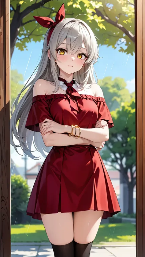 8K (high resolution) (Super Detailed) (masterpiece) (top quality) Detailed eyes detailed faces with ofisu Detailed hands Delicate hair detailed wrinkles on clothes very elaborate body to hold a guitar Fine Skin (solo) early yellow eyes (Grey Hair) Long h...