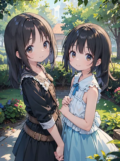 masterpiece, top quality, Super Detailed, 8k, high resolution, Parks, 2 girls, Smile, Textured Skin, shiny straight long black hair, flat chest