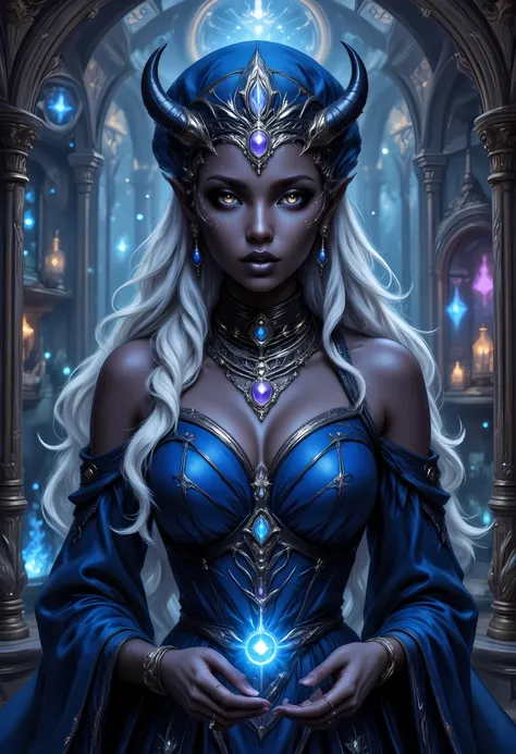 a portrait of female, a female dark elf, drow, wizard, extremely beautiful, black skin, white hair, long hair, pulled back hair, purple eyes, jewelry, chocker, wearing intricate blue dress, photorealistic, fantasy art, RPG art, (ultra detailed, Masterpiece...