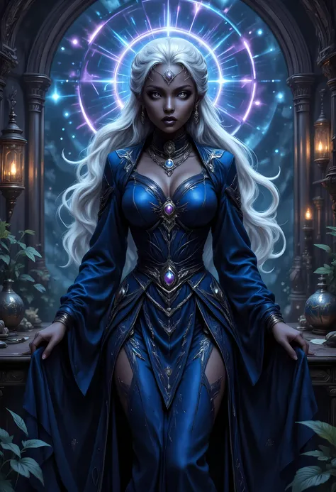 a portrait of female, a female dark elf, drow, wizard, extremely beautiful, black skin, white hair, long hair, pulled back hair, purple eyes, jewelry, chocker, wearing intricate blue dress, photorealistic, fantasy art, RPG art, (ultra detailed, Masterpiece...