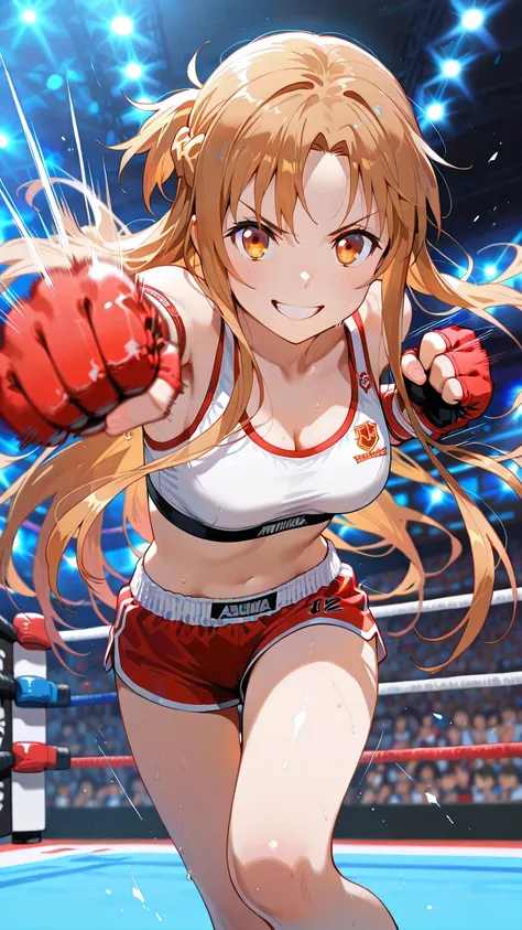 asuna_\(sao\), long_hair, solo, Detailed eyes, white sports bra, red low leg and low rise small spats, red fingerless gloves, thigh, cleavage, slim long legs, medium breast, grin, looking at viewer, Detailed eyes, Detailed face, portrait, from little below...