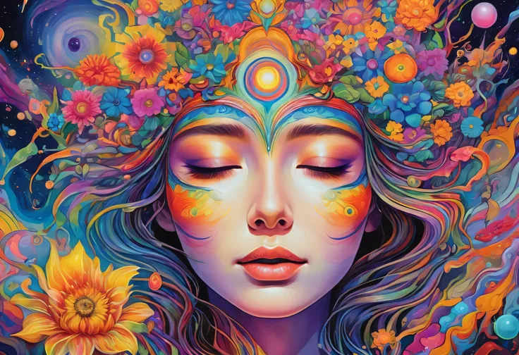 painting of a woman's face surrounded by flowers of various colors, eyes closed、 psychedelic goddess , cute、anime、dmt goddess, Psychotropic Organic Shaman , Hallucinogenic DMT, epic shamanic DMT Art, DMT Art, A complicated face, psychedelic art, Close-up...