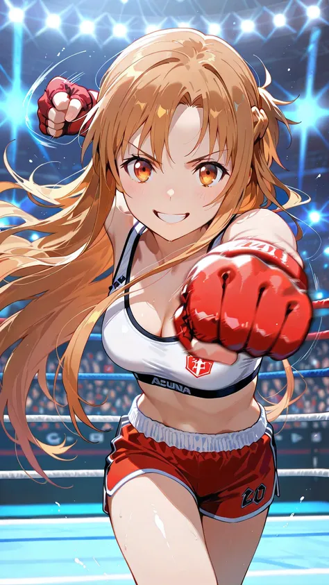 asuna_\(sao\), long_hair, solo, Detailed eyes, white sports bra, red low leg and low rise small spats, red fingerless gloves, thigh, cleavage, slim long legs, medium breast, grin, looking at viewer, Detailed eyes, Detailed face, portrait,

looking at viewe...