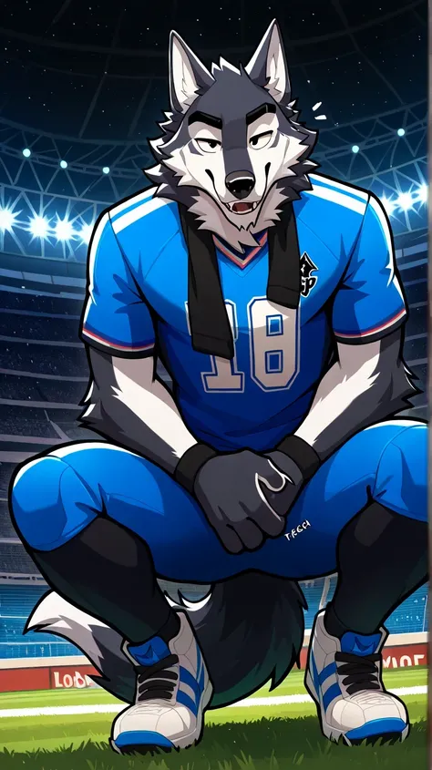depth of field, background American football field, eye Reflections, Reflections, dutch angle, anthropomorphic, adult, male wolf furry, hairy, no human, lobo tail, sound effect , seductive expression, seductive gaze, sound effect , L...
