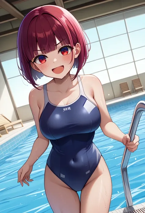 score 9 、score 8 up、score 7 up、source anime、傑作、Best quality、Best image quality、Best resolution、anime coloring、1girl、arima kana、、solo、kanarnd、red hair、blunt bangs、short hair、bobcut、red eyes、big breasts、cleavage、large breasts、、competition school swimsuit、sch...