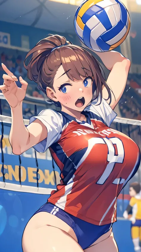 volleyball player, volleyball uniform, bouncing big chest, spike, action, athletic