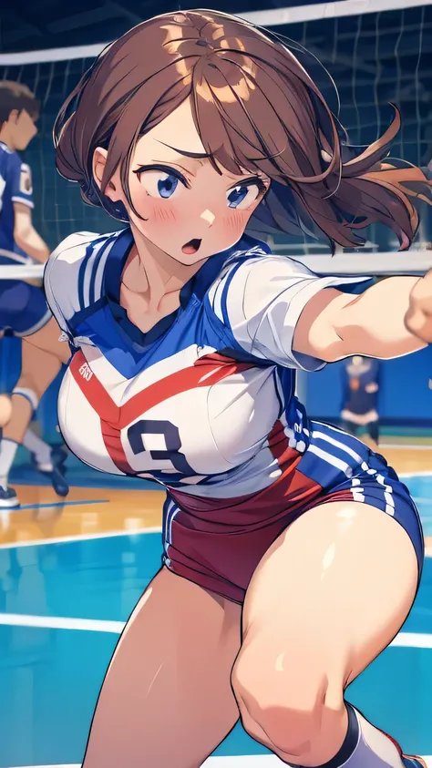 volleyball player, volleyball uniform, bouncing big chest, action, athletic