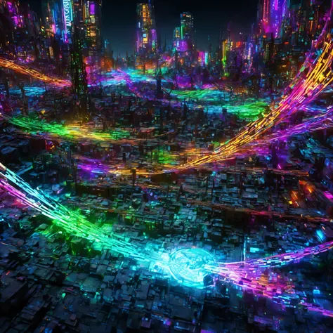 city where everything is made of machine, Clear, Bright neon colors, precision machine, machine, machine部品, Led, Wire Cable, A fusion of all-round punk and all-genre punk, Shadow effect, Gradient Magic Effects, Mysterious Effects, (Super Detailed, absolute...