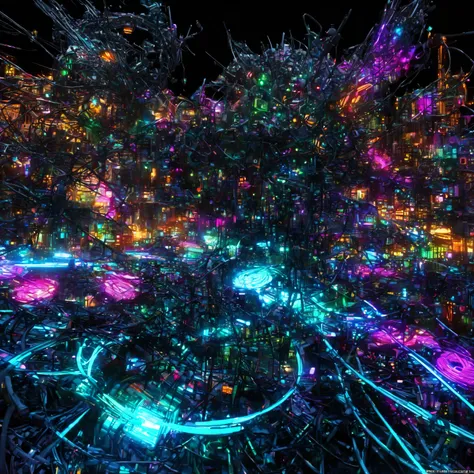city where everything is made of machine, Clear, Bright neon colors, precision machine, machine, machine部品, Led, Wire Cable, A fusion of all-round punk and all-genre punk, Shadow effect, Gradient Magic Effects, Mysterious Effects, (Super Detailed, absolute...