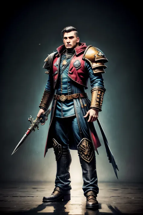 Warhammer 40k: A androgynous male noble. Thin, slim, skinny. Melancholic. Extremly pale skin with freckles. Dark-brown hair. An undercut haircut. Sides shaved. Brown eyes. A long wide nose. Curved lips. Long neck. Soft facial features. Wearing: A warhammer...