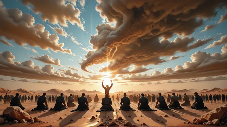A surreal cinematic scene — a large group of people kneeling in unison on cracked desert ground, both arms raised dramatically toward the sky, as if worshiping a divine force. The sky above them swirls with storm clouds, shafts of light breaking through li...
