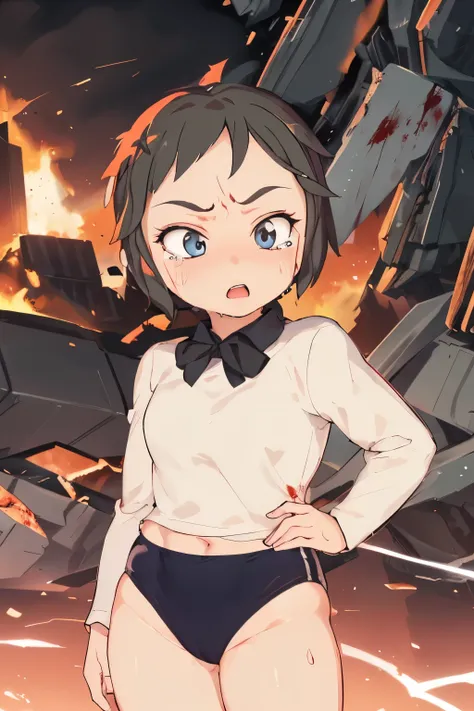 cockpit_explosion, fire, electricity, screaming, explosion, science fiction, wide-eyed, tearing clothes, standing, blood, scared, sweat, crying, mecha, torn clothes, tears, cockpit,1girl、wearing black gymnastics bloomers,high leg,white blouse,cowboy shot,s...