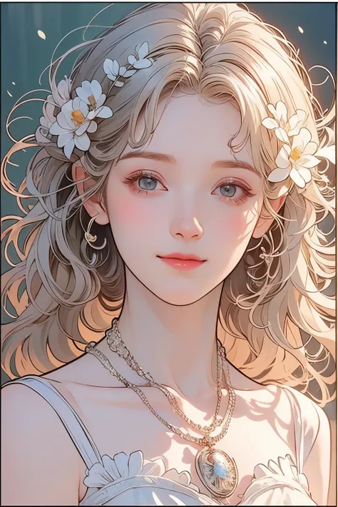 (Young and beautiful woman), (Calm and gentle girlish smile), (Almost straight medium blonde silver-gray hair), (Close-up), portrait, (Plain shirt in a simple color), Bright primary colors used partially as accents, (Slim figure), Small necklace, Fine and ...