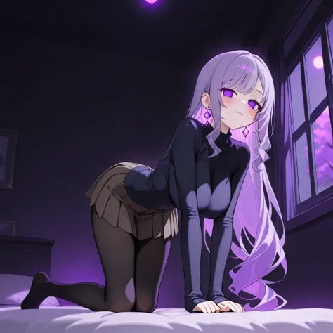 score_9, score_8_up, score_7_up, 1girl, solo, (top quality, 8k), high resolution, smooth, best quality, highly detailed, looking at viewer, bedroom at night, window with purple light, (dark room), ((from below)), large breasts, glowing hypnotic waves in th...