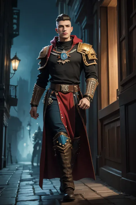 Warhammer 40k: Fullbody Portrait: A androgynous male noble. Thin, slim, skinny. Melancholic. Extremly pale skin with freckles. Dark-brown hair. An undercut haircut. Sides shaved. Brown eyes. A long wide nose. Curved lips. Long neck. Soft facial features. W...