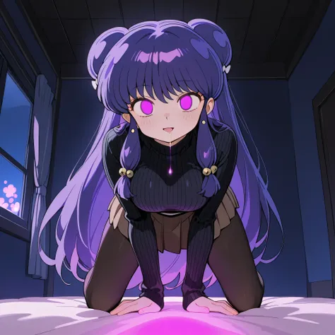 score_9, score_8_up, score_7_up, 1girl, solo, (top quality, 8k), high resolution, smooth, best quality, highly detailed, looking at viewer, bedroom at night, window with purple light, (dark room), ((from below)), large breasts, glowing hypnotic waves in th...