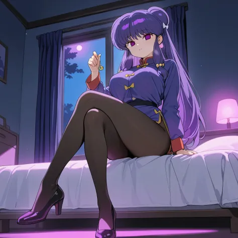 score_9, score_8_up, score_7_up, 1girl, solo, (top quality, 8k), high resolution, smooth, best quality, highly detailed, looking at viewer, bedroom at night, window with purple light, (dark room), ((from front)), huge breasts, glowing hypnotic waves in the...