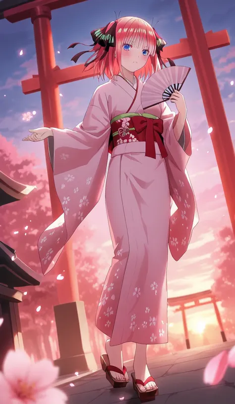 nino nakano (the quintessential quintuplets), traditional japanese kimono, soft pink kimono with detailed cherry blossom (sakura) patterns, white underlayer, elegant red obi belt tied in a bow, geta sandals, hair in twin tails adorned with sakura kanzashi ...