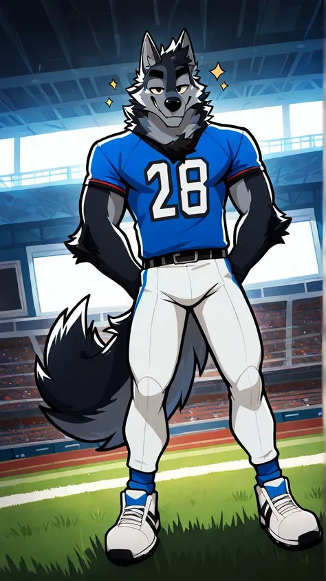 depth of field, background American football field, eye Reflections, Reflections, dutch angle, anthropomorphic, adult, male wolf furry, hairy, no human, lobo tail, sound effect , seductive expression, seductive gaze, sound effect , L...