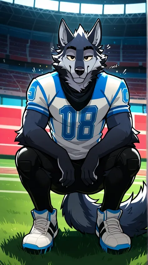 depth of field, background American football field, eye Reflections, Reflections, dutch angle, anthropomorphic, adult, male wolf furry, hairy, no human, lobo tail, sound effect , seductive expression, seductive gaze, sound effect , L...