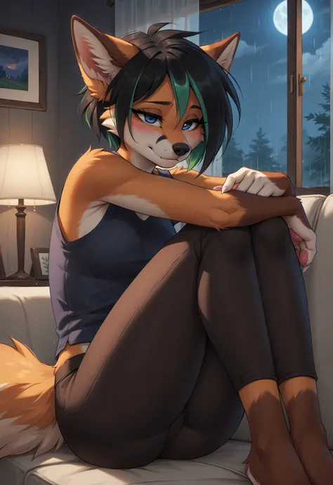 (4K HD Quality), score_9_up, score_8_up, score_6_up, anthro, solo, 1girl, anthropomorphic, furry, fox, orange fur, dark blue eyes, white face, black nose, small medium breasts, fox tail, (white claw:1.1), pink pad paws, 

(Short hair, black hair, green hig...