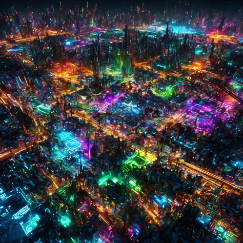 city where everything is made of machine, Clear, Bright neon colors, precision machine, machine, machine部品, Led, Wire Cable, A fusion of all-round punk and all-genre punk, Shadow effect, Gradient Magic Effects, Mysterious Effects, (Super Detailed, absolute...