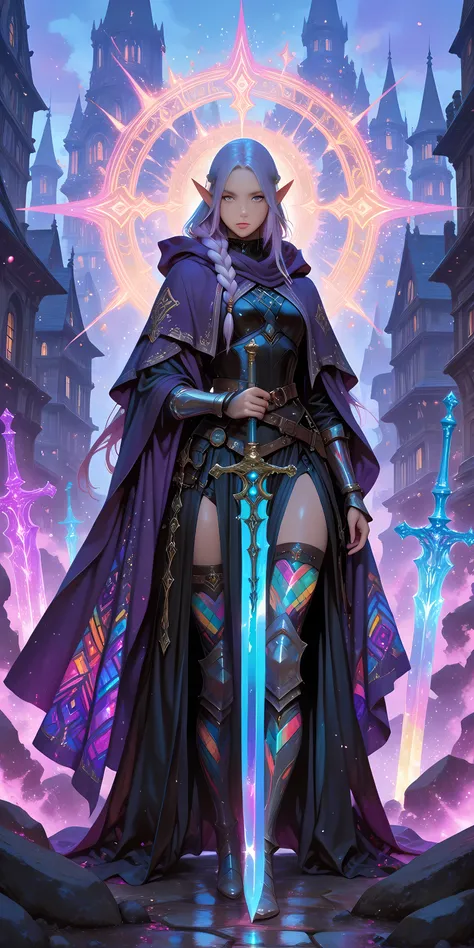 a picture of a female elf (intense details, Masterpiece, best quality) fantasy swashbuckler, fantasy fencer, armed with a slim sword, shinning sword, metallic shine, colorful clothes, dynamic clothing, an ultra wide shot, full body (intense details, Master...