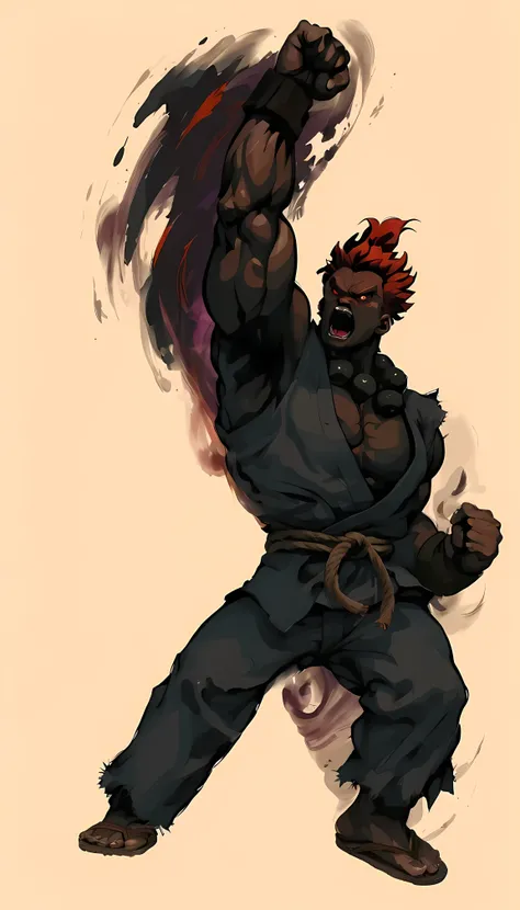 best quality, ultra-detailed, high resolution, 
cinematic illustration,
Street Fighter AKUMA, Black judo gi with torn sleeves, Large rosary pendant, Rope belt, Brown leather gloves, Zori sandals, 
dramatic action poses with one arm raised, mid-air jumping ...
