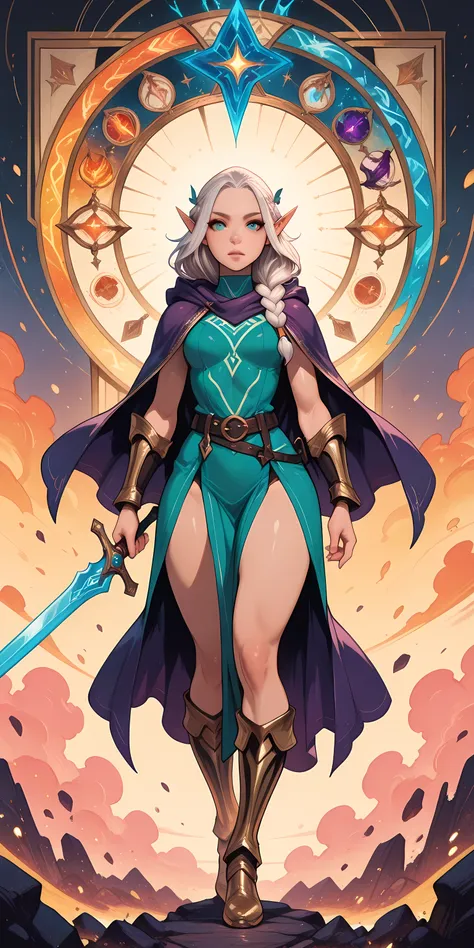 a picture of a female elf (intense details, Masterpiece, best quality) fantasy swashbuckler, fantasy fencer, armed with a slim sword, shinning sword, metallic shine, colorful clothes, dynamic clothing, an ultra wide shot, full body (intense details, Master...