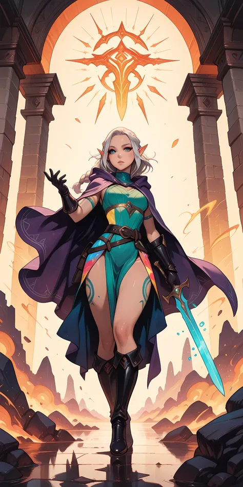 a picture of a female elf (intense details, Masterpiece, best quality) fantasy swashbuckler, fantasy fencer, armed with a slim sword, shinning sword, metallic shine, colorful clothes, dynamic clothing, an ultra wide shot, full body (intense details, Master...
