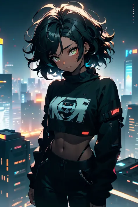 Dark-skinned adult anime woman, 29 anos, small and black hair, The frizzy hair seen from above  , sorriso mau,com um rosto bonito , wearing a cropped black sweatshirt and black pants in a dark environment, cyberpunk ((viewer's point of view)) ((best style ...